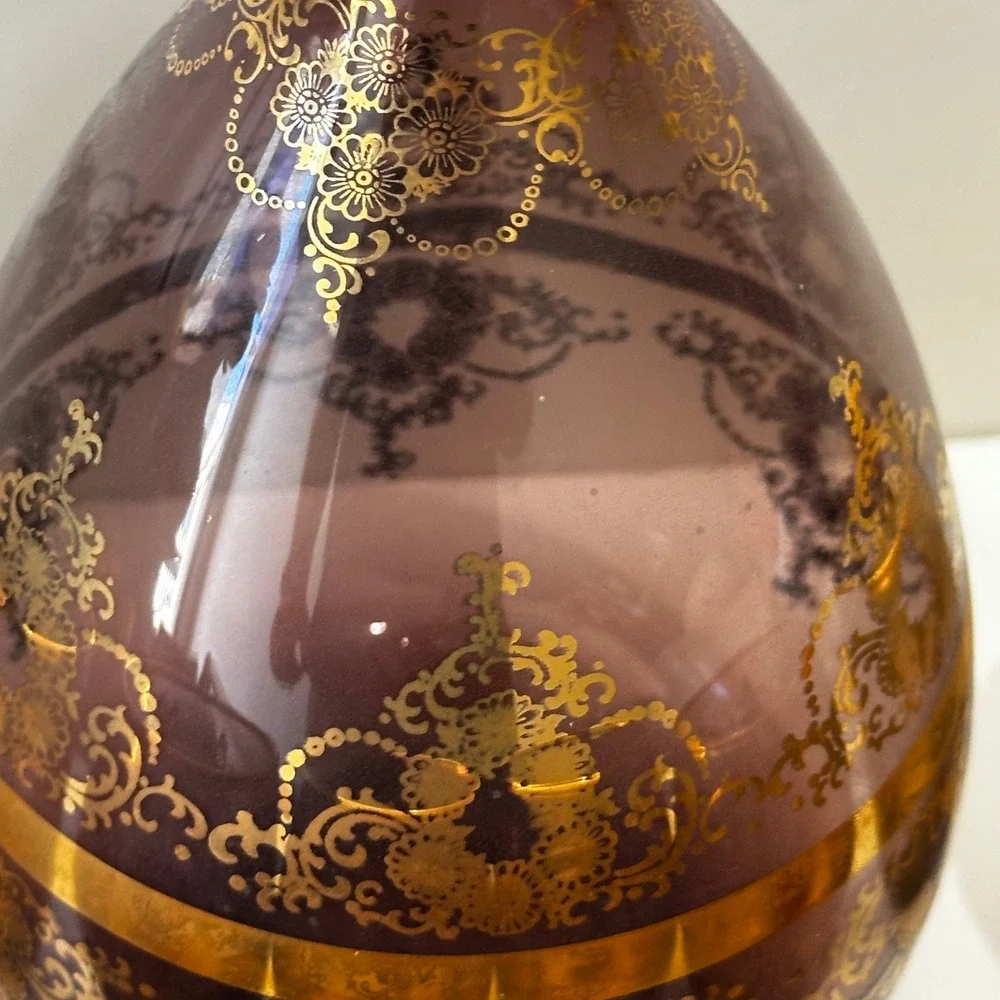 Venezia Amethyst Glass Decanter Set Gold Painted 7pc Vintage 2005 The Mosher's